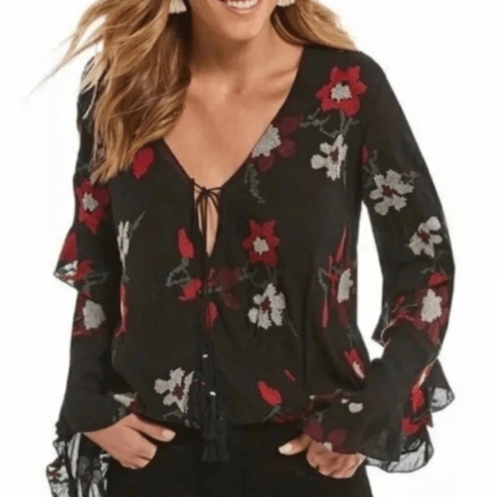 Chelsea & Violet Floral Surplice Wrap, Long Sleeve Top in Black, Size XS, NWT